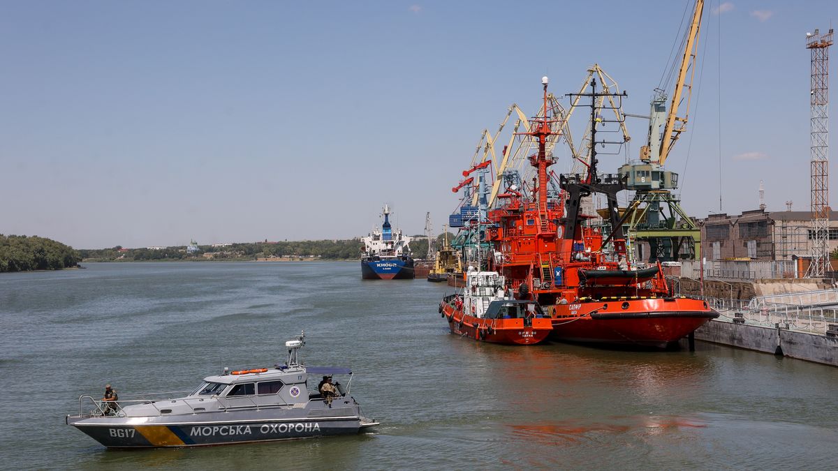 Sea secerity motorboat is seen at Izmail river port on Danube river, in Odesa region, Ukraine, July 21, 2022. (Photo by Sergii Kharchenko/NurPhoto via Getty Images)
