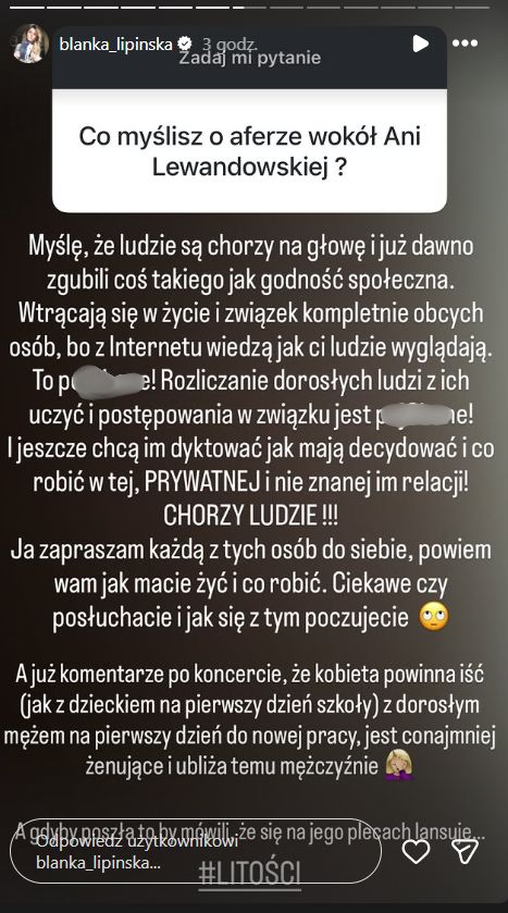 Blanka Lipińska broni Anny Lewandowskiej