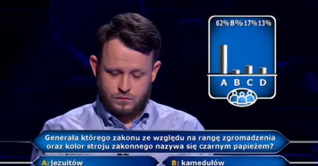 "Milionerzy". Usłyszał pytanie o czarnego papieża. Konieczna była pomoc