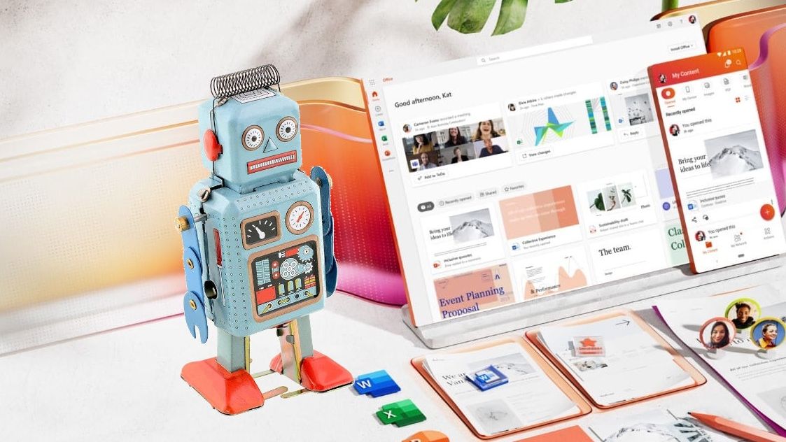 Panel reklamowy  Microsoft 365 z doklejonym robotem