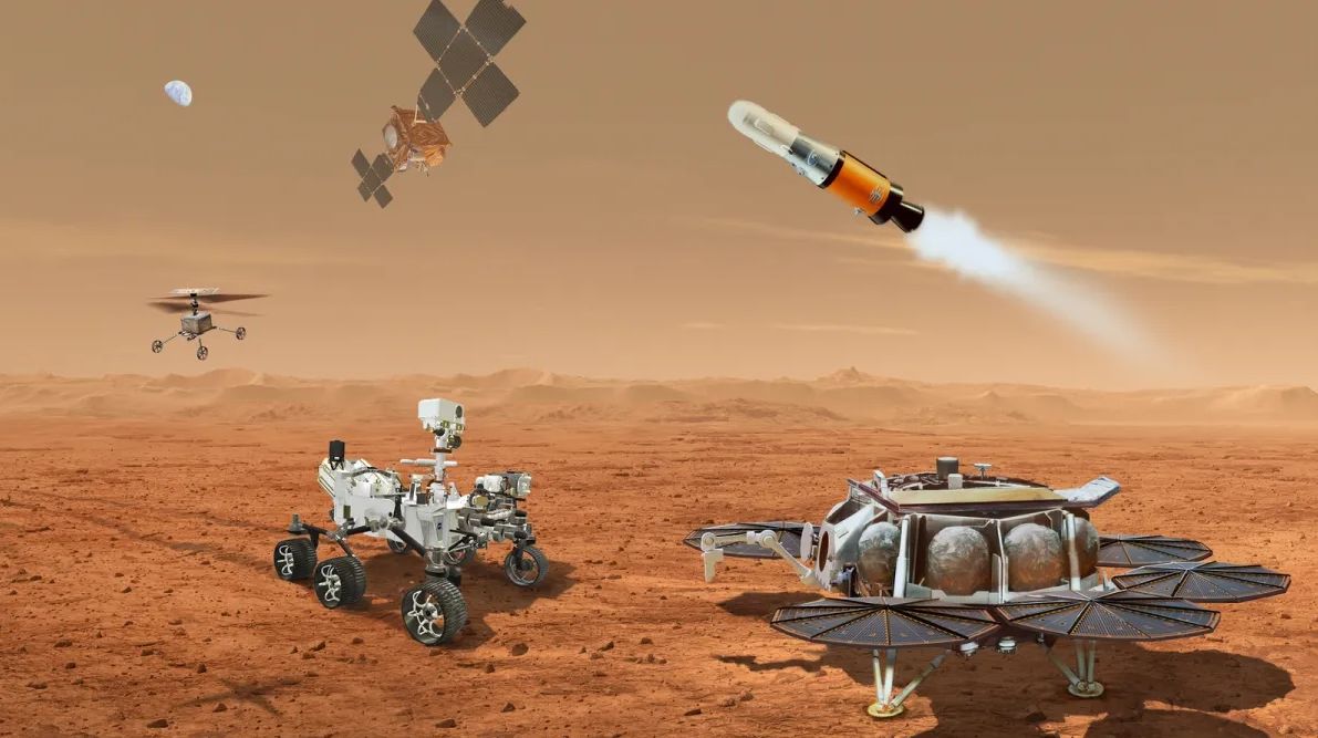 Artystyczna koncepcja przykładowego lądownika do pobierania próbek gruntu z Marsa.