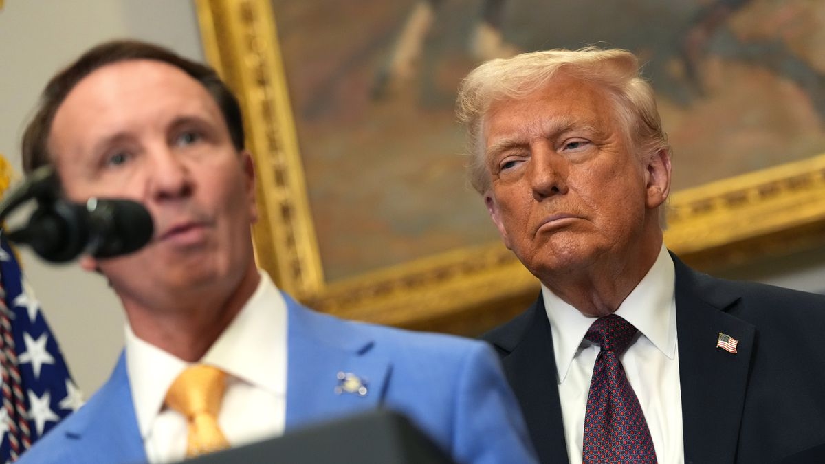 WASHINGTON, DC - MARCH 24: U.S. President Donals Trump looks on as Louisiana Governor Jeff Landry speaks at an investment announcement in the Roosevelt Room of the White House March 24, 2025 in Washington, DC. During the event, it was announced that Hyundai will invest $20 billion in U.S. manufacturing, including a $5 billion investment in a Louisiana steel factory that will produce 1,500 jobs. (Photo by Win McNamee/Getty Images)
