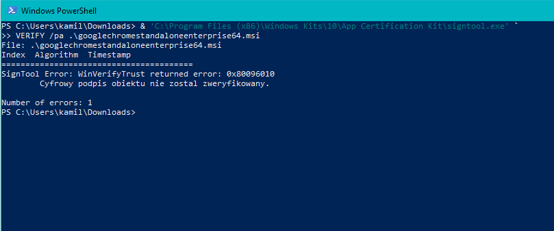 Narzędzie weryfikacji podpisu "oblewa" plik Google (fot. Kamil Dudek)