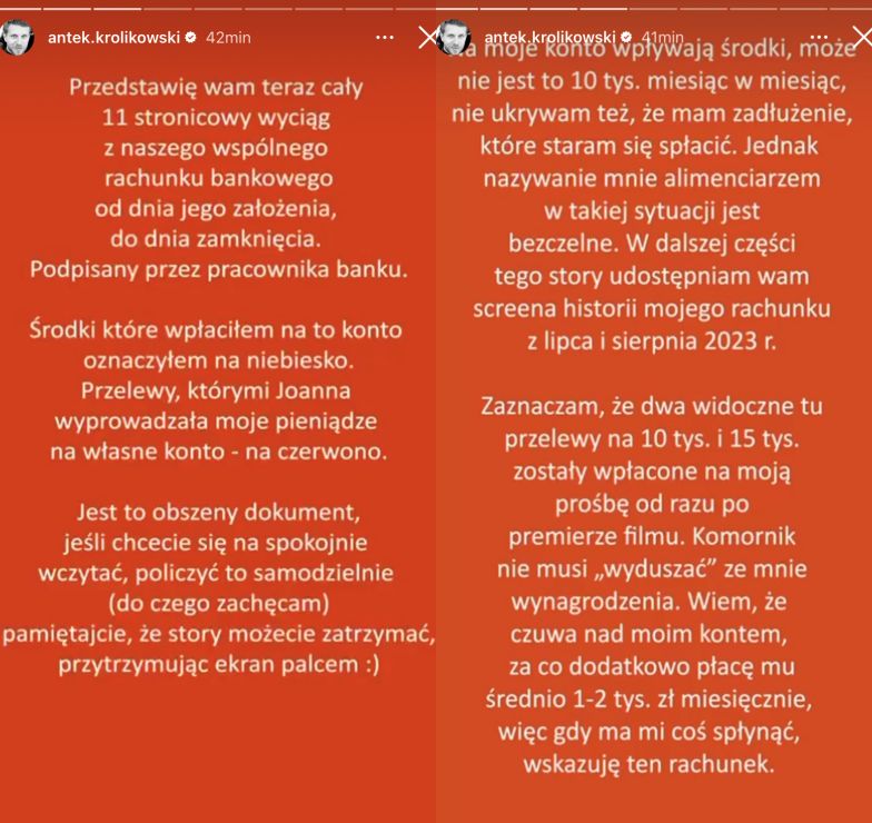 Antek Królikowski odpowiada na zarzuty Joanny Opozdy