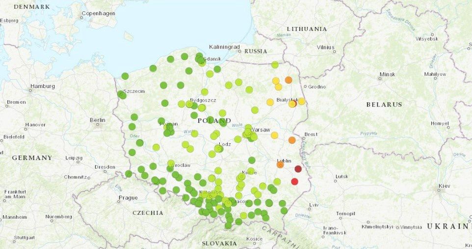 GIOŚ. Mapa ze stacji pomiarowych