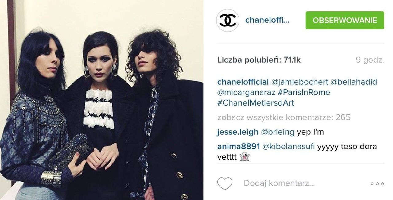 Modelki: Jamie Bochert, Bella Hadid i Mica Arganaraz, pokaz Chanel Pre-Fall 2016 (fot. Instagram Chanel)