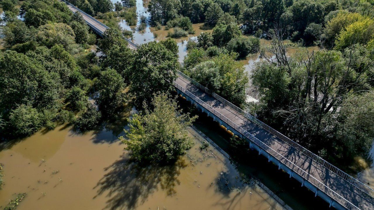 Most Kilometrowy i zalane tereny wodonośne. Zdjęcie z drona zrobione podczas fali powodziowej (20 września 2024).
