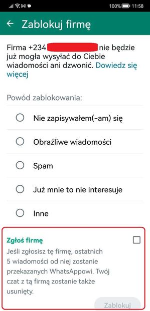 Blokowanie nieznanego kontaktu w WhatsAppie