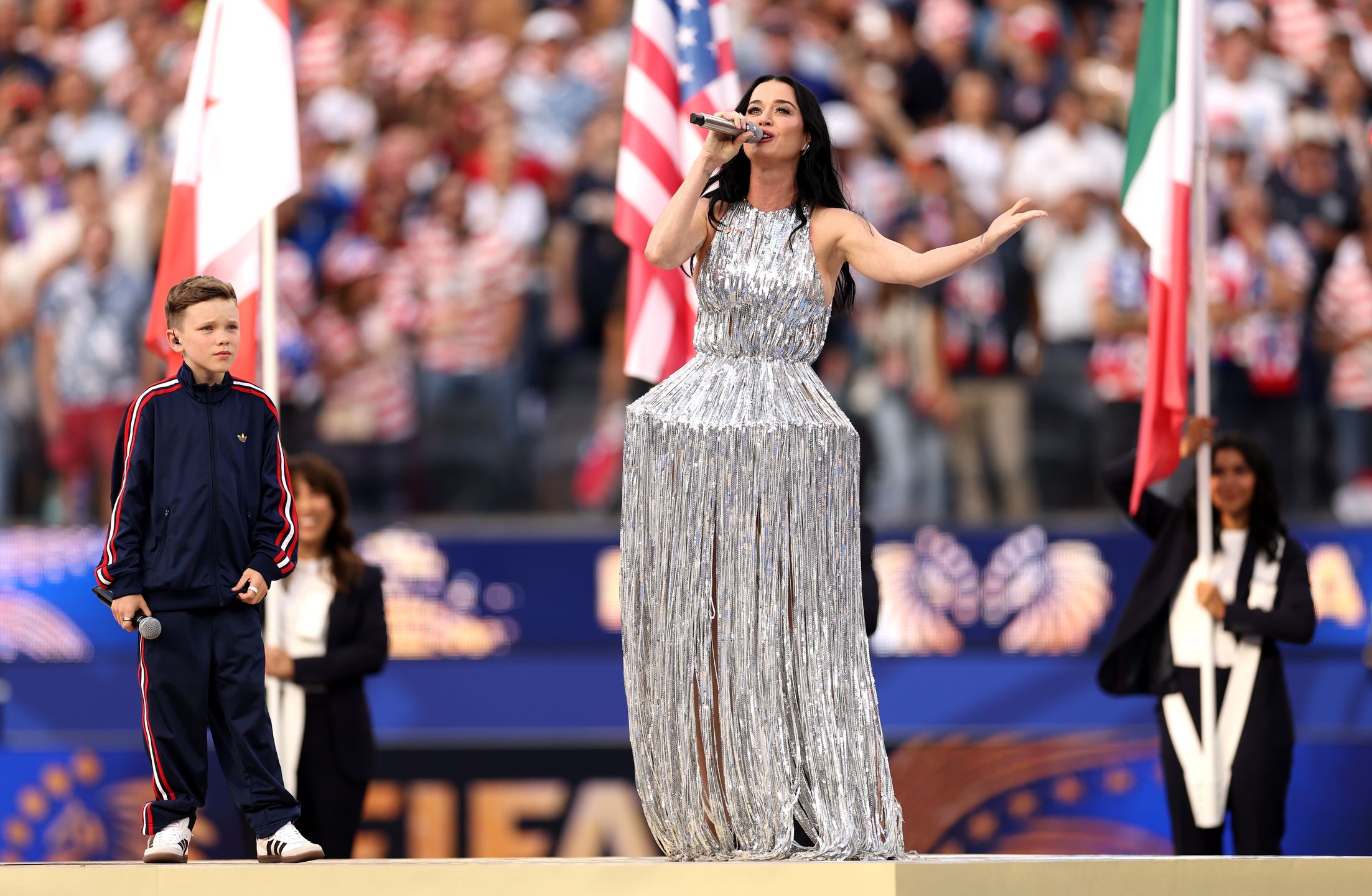 USA v Paraguay: Group D - FIFA World Cup 2026LOS ANGELES, CALIFORNIA - JUNE 12: Katy Perry performs with Tius Luka during the Parade of Nations before the FIFA World Cup 2026 Group D match between USA and Paraguay at Los Angeles Stadium on June 12, 2026 in Los Angeles, California. (Photo by Richard Heathcote/Getty Images)Richard Heathcote