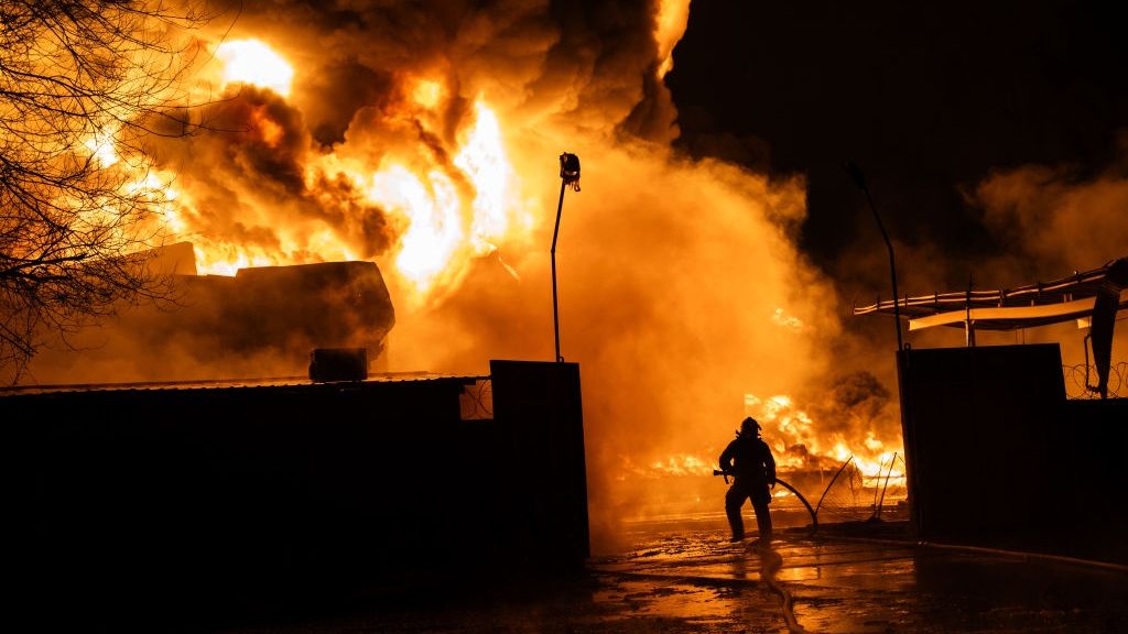 Russian Army Attacked Kharkiv With Drones At Night
KHARKIV, UKRAINE - FEBRUARY 10: Firefighters extinguish a fire at an oil depot following a Russian kamikaze drones strike on February 10, 2024 in Kharkiv, Ukraine. In the Nemyshlyanskyi district of Kharkiv, the Russian kamikaze drones hit a critical infrastructure facility. As a result of the impact, diesel fuel and gasoline were spilled and a massive fire broke out. The private sector caught fire, and 15 residential buildings were engulfed in flames. Search and rescue operations are ongoing. Seven people died, including three children aged seven and four and a baby about 7 months old. Three people were injured. (Photo by Viacheslav Mavrychev/Suspilne Ukraine/JSC "UA:PBC"/Global Images Ukraine via Getty Images)
Global Images Ukraine