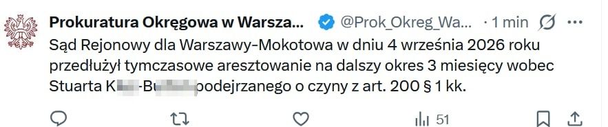 Stuart K.-B. pozostanie w areszcie