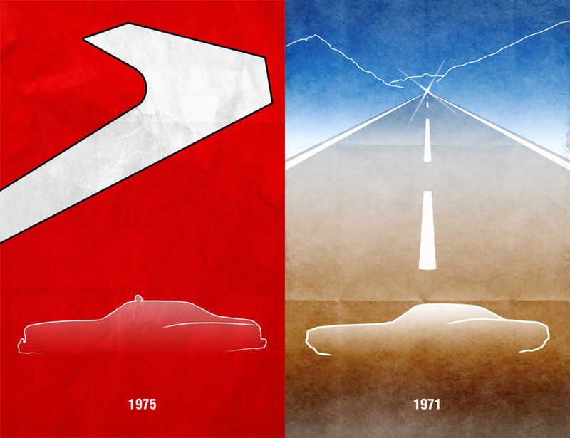 44 zagadki - minimalistyczne plakaty z samochodami z kultowych filmów