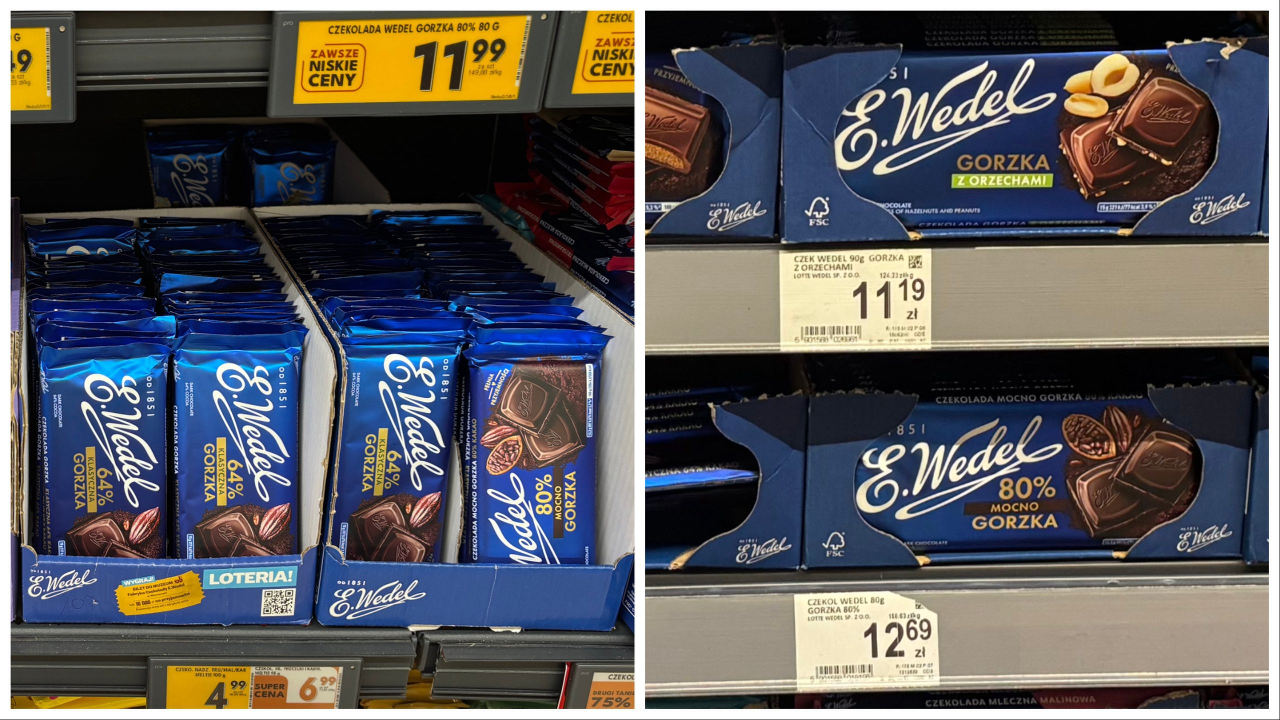 Ceny czekolady w Biedronce (po lewej) i Carrefourze (po prawej)