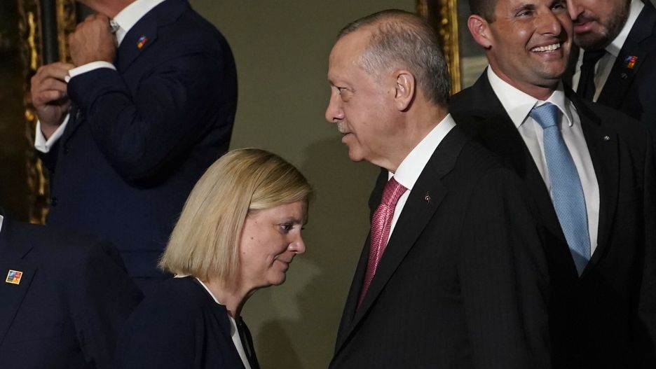 Temporary
Sweden's Prime Minister Magdalena Andersson, left, walks past Turkish President Recep Tayyip Erdogan after they shook hands during a visit to the Prado museum with heads of state and dignitaries in Madrid, Spain, Wednesday, June 29, 2022. North Atlantic Treaty Organization heads of state are meeting for a NATO summit in Madrid from Tuesday through Thursday. (AP Photo/Andrea Comas)
AP