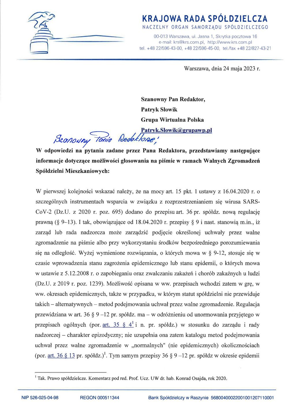 Odpowiedzi Krajowej Rady Spółdzielczej