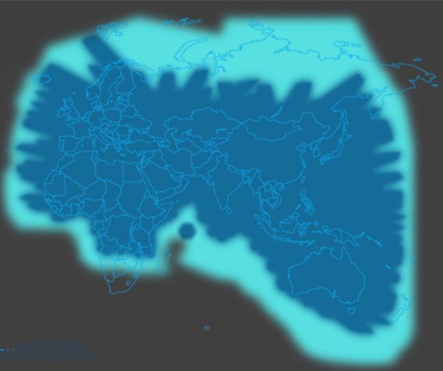 Mapa zasięgu satelitarnego Thuraya. Kolor ciemniejszy oznacza lepszą, stabilną jakość sygnału