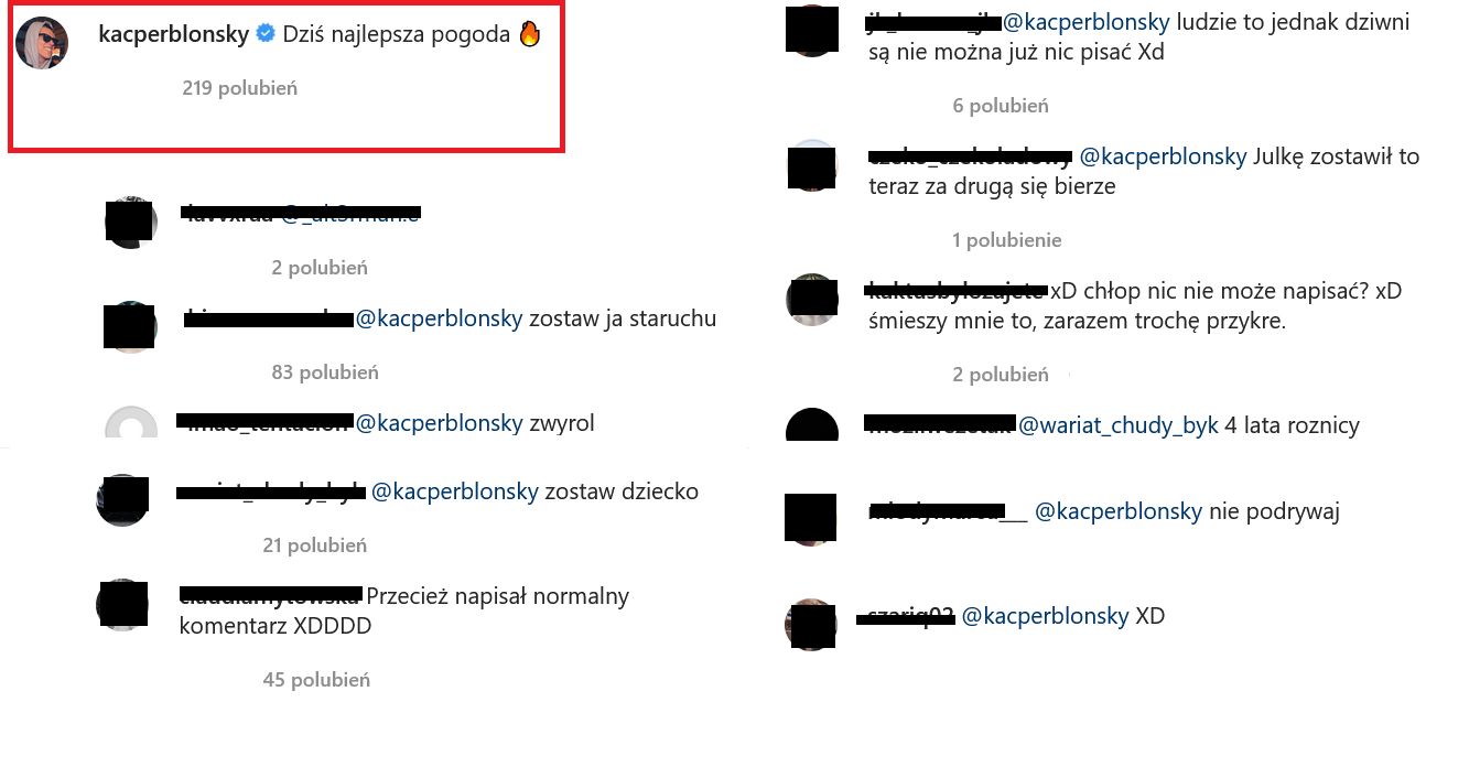 Komentarze pod postem i wpisem Kacpra Błońskiego na Instagramie Roksany Węgiel