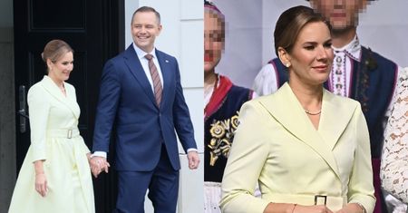 Marta Nawrocka w masełkowej stylizacji towarzyszy mężowi podczas Dożynek Prezydenckich