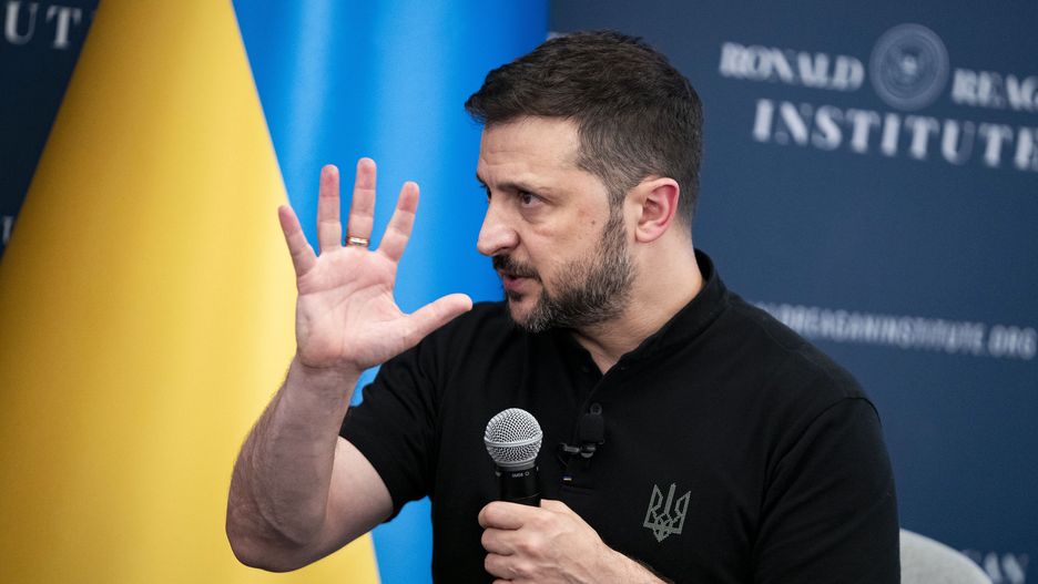 WASHINGTON, DC - JULY 9: Ukrainian President Volodymyr Zelensky answers questions after delivering remarks at the Ronald Reagan Presidential Foundation and Institute as leaders from all member NATO states gather for the 75th NATO Summit on July 9, 2024 in Washington, DC. Zelensky will meet with NATO leaders, including President Joe Biden, as Ukraine's war against Russia continues. (Photo by Bonnie Cash/Getty Images)