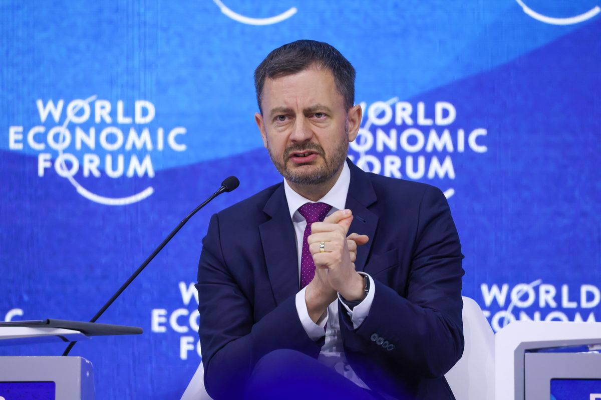 Eduard Heger, Slovakia's prime minister, speaks during a panel session on day three of the World Economic Forum (WEF) in Davos, Switzerland, on Wednesday, May 25, 2022. The annual Davos gathering of political leaders, top executives and celebrities runs from May 22 to 26. Photographer: Hollie Adams/Bloomberg via Getty Images