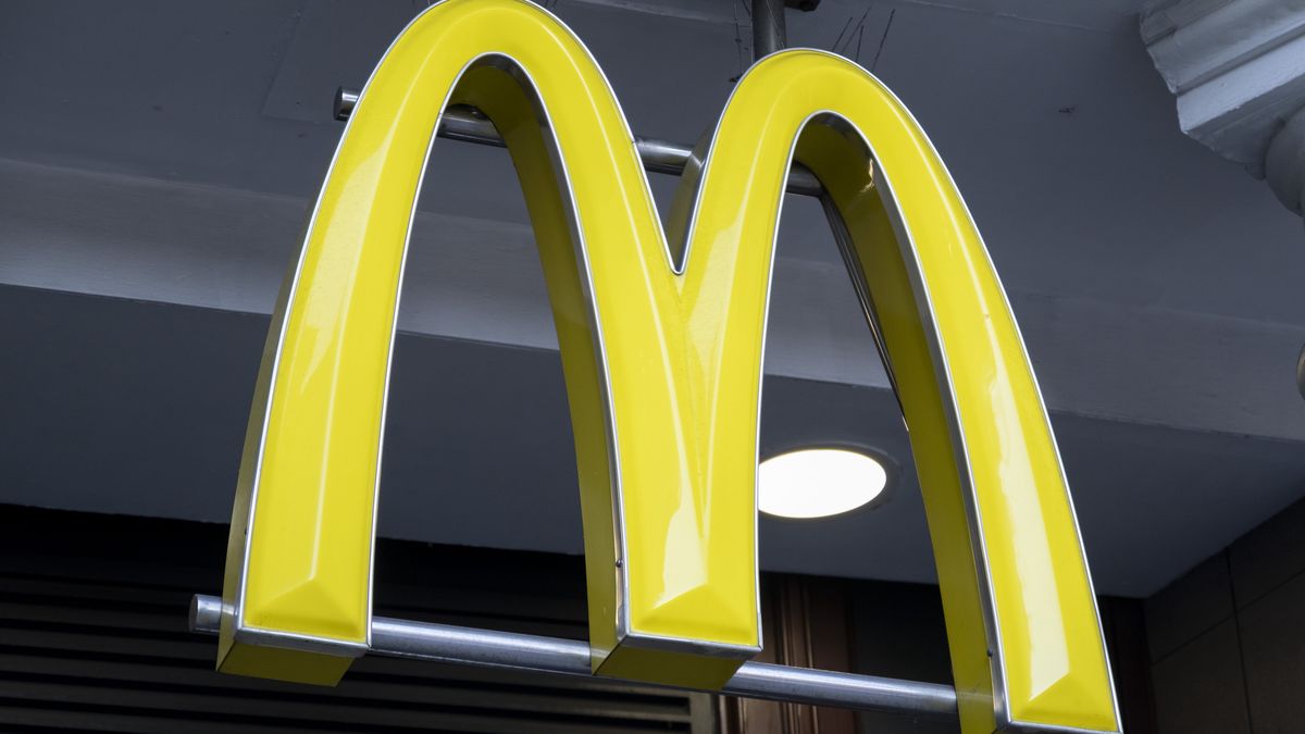 Logo sign for the fast food brand McDonald's known as the golden arches on 8th Febuary 2023 in London, United Kingdom. McDonald's Corporation is an American multinational fast food chain, founded in 1940. (photo by Mike Kemp/In Pictures via Getty Images)