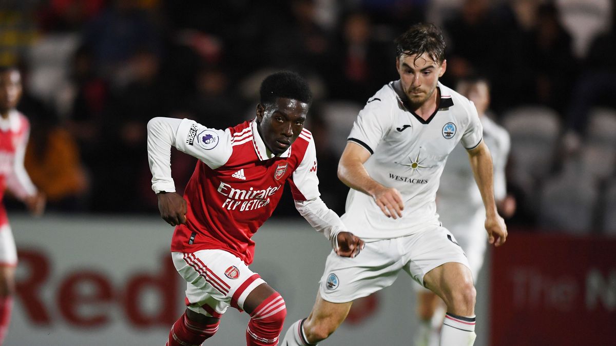 BOREHAMWOOD, ENGLAND - AUGUST 17: Amario Cozier-Duberry of Arsenal during a Premier League Cup match between Arsenal  U21 and Swansea City U21 at Meadow Park on August 17, 2022 in Borehamwood, England. (Photo by Stuart MacFarlane/Arsenal FC via Getty Images)