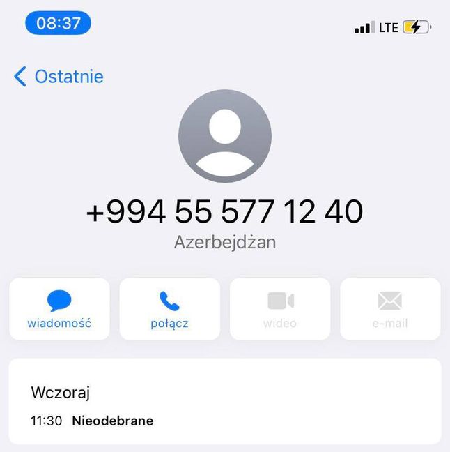 Przykładowe nieodebrane połączenie