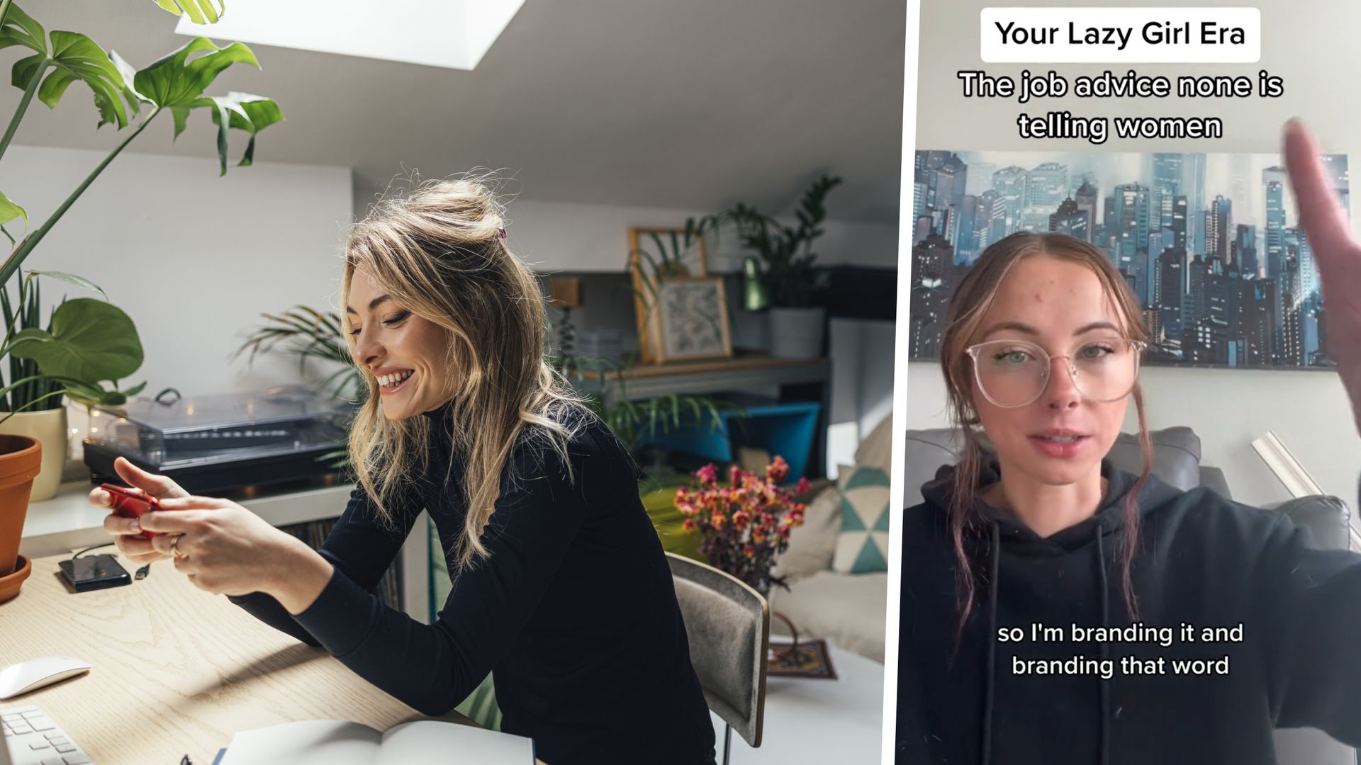 "Lazy girl job" to kolejna odpowiedź na kulturę pracoholizmu. Na zdjęciu po lewej: fotografia ilustracyjna. Po prawej inicjatorka trendu "lazy girl job" Gabrielle Judge