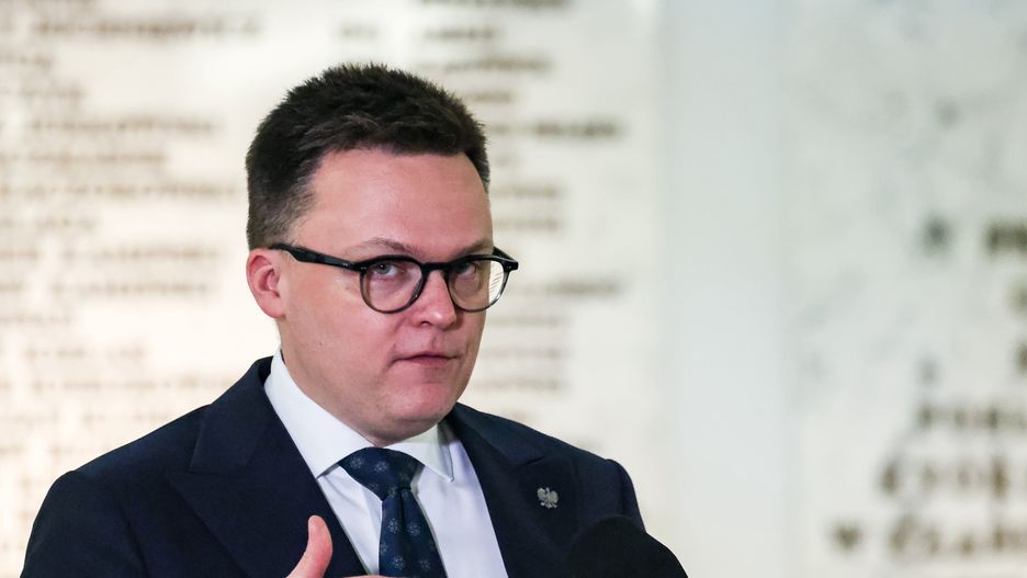 WARSAW, MAZOWIECKIE, POLAND - 2024/01/25: Szymon Holownia, the Speaker of Polish Parliament speaks to press the 4th session of Polish Parliament that takes place amid chaos created by legal disagreement with the previous government. The current government took over power in Poland on December 13 2023. Taking over from the Law and Justice political party, which has been ruling for 8 years. Both sides now accuse each other of unconstitutional acts. (Photo by Dominika Zarzycka/SOPA Images/LightRocket via Getty Images)