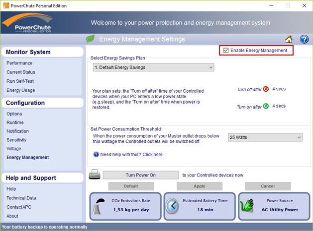 PowerChute Personal Edition zakładka Energy Management