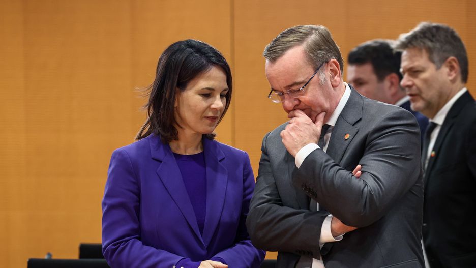 Annalena Baerbock, Germany's foreign minister, and Boris Pistorius, Germany's defense minister, ahead of a bilateral session with Italy at the chancellery in Berlin, Germany, on Wednesday, Nov. 22, 2023. A string of fiscal wins for Rome has just coincided with a crisis rocking Chancellor Olaf Scholzs coalition in Berlin after a calamitous court judgment cast doubt on the financing plans for Europes biggest economy. Photographer: Liesa Johannssen/Bloomberg via Getty Images