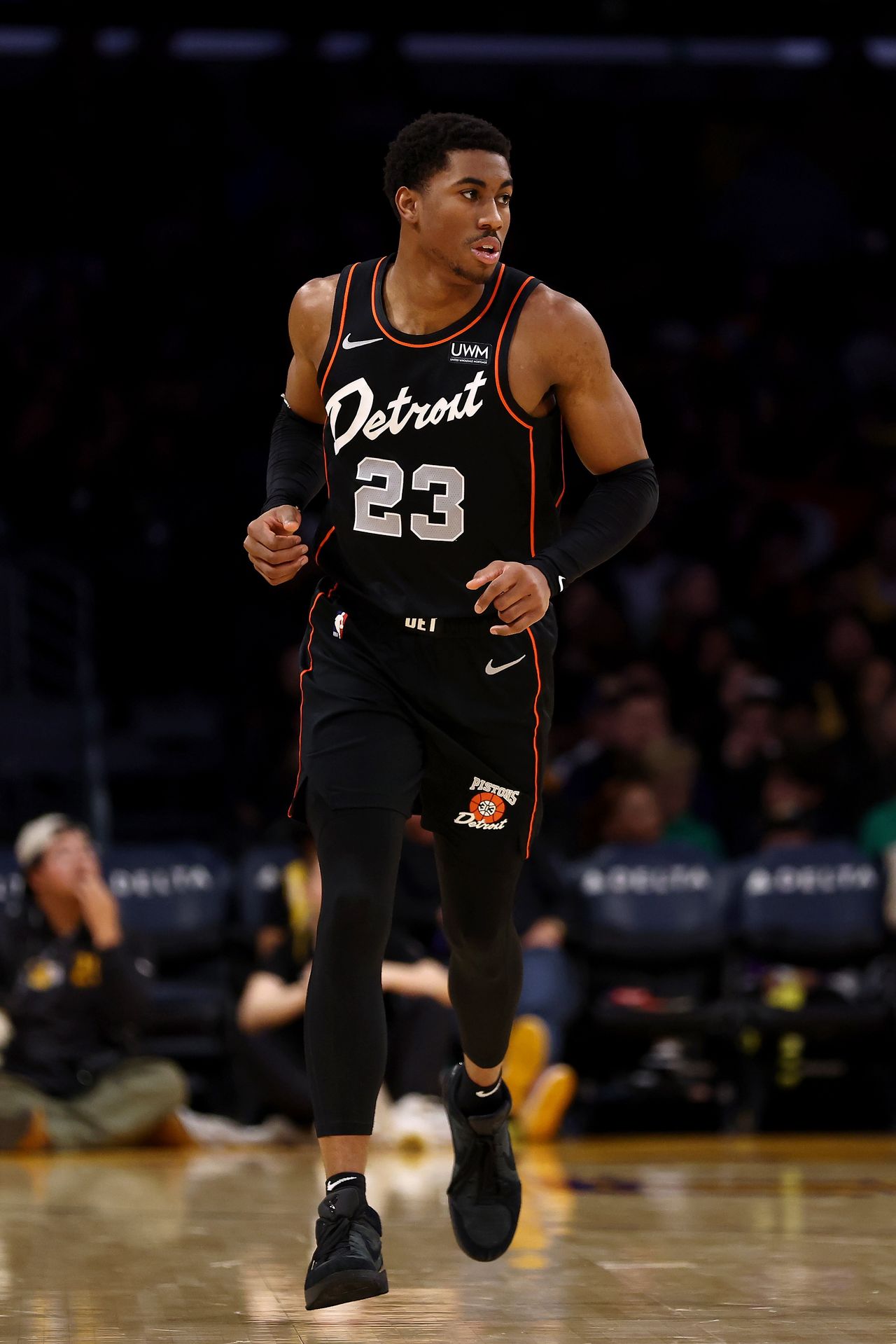 LOS ANGELES, CALIFORNIA - FEBRUARY 13: Jaden Ivey #23 of the Detroit Pistons jogs down court during the fourth quarter against the Los Angeles Lakers at Crypto.com Arena on February 13, 2024 in Los Angeles, California. NOTE TO USER: User expressly acknowledges and agrees that, by downloading and or using this photograph, user is consenting to the terms and conditions of the Getty Images License Agreement.  (Photo by Katelyn Mulcahy/Getty Images)