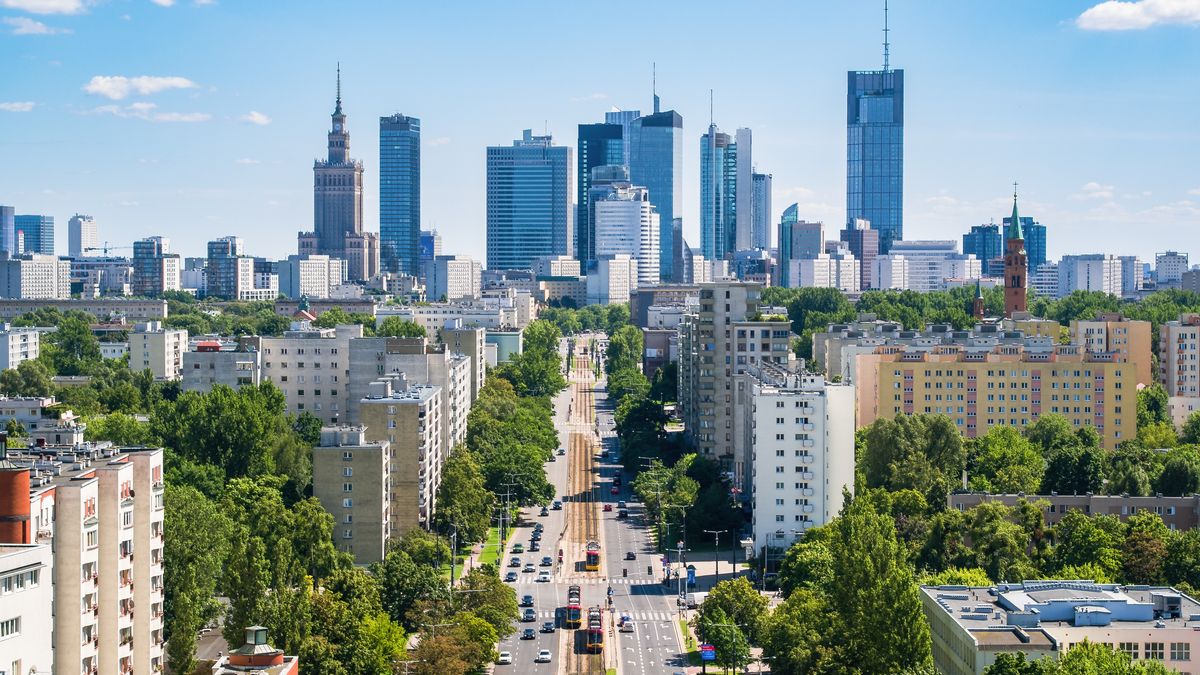 Skyscrapers in city center, Warsaw aerial landscape under blue skySkyscrapers in city center, Warsaw aerial landscape under blue skywarsaw, palace of culture and science, pkin, architecture, offices, sky, blue, business, buildings, center, corporation, mazovian, city, modern, Poland, work, skyline, tower, capitol, urban, financial, central, skyscrapers, downtown, aerial, above, landscape, horizon, day, vibrant, saturated, cityscape, view, panorama, daytime, blue sky, clouds, cloudscape, no people, Jana Pawla II, street, touristic, turism, travel destination