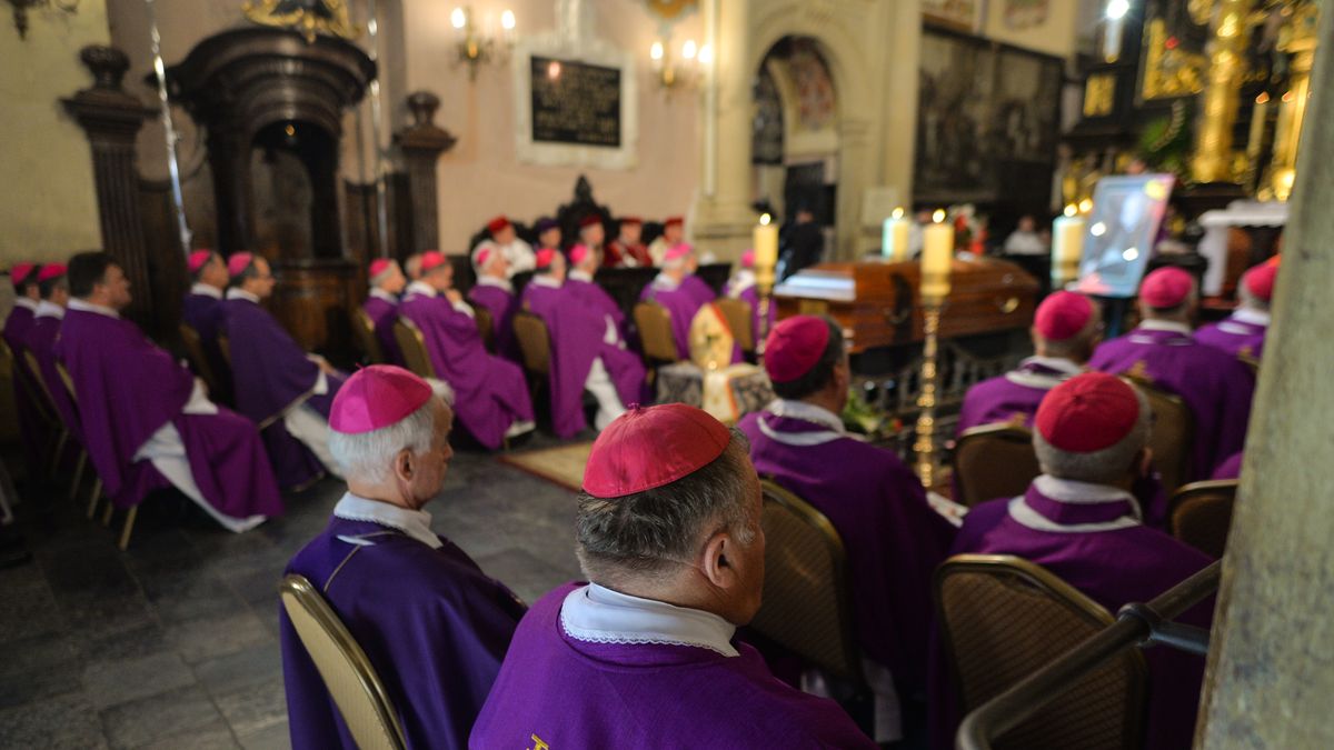 Cardinals, archbishops and bishops seen during the funeral mass of Cardinal Marian Jaworski  in the Bernardine monastery in Kalwaria Zebrzydowska.On Friday, September 11, 2020, in Kalwaria Zebrzydowska, Lesser Poland, Poland. (Photo by Artur Widak/NurPhoto via Getty Images)