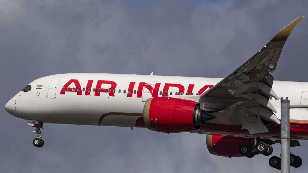 Air India Airbus A350-900 aircraft spotted flying for landing at the runway of London Heathrow Airport LHR in the United Kingdom. The modern and advanced wide body airplane has the registration tail number VT-JRI and is powered by 2x RR Trent XWB jet engines. The A350 passenger plane is arriving from Delhi DEL AI111 a long haul flight. Air India is the flag carrier airline of India with a fleet of 142 aircraft, owned by Air India Limited a Tata Group enterprise with main hub at Indira Gandhi International Airport in Delhi, member of Star Alliance aviation group. September 11, 2024 (Photo by Nicolas Economou/NurPhoto via Getty Images)
