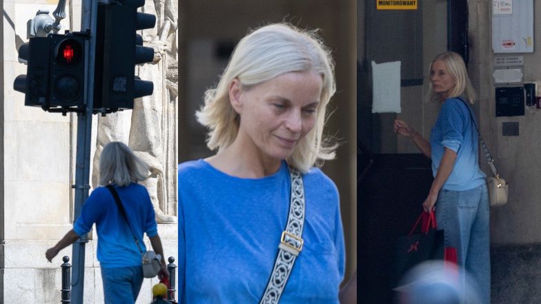 Naturalna Małgorzata Foremniak przechodzi na czerwonym świetle