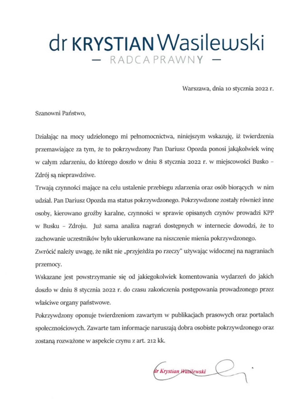 Dariusz Opozda - oświadczenie