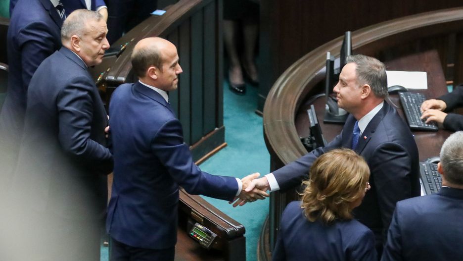 Prezydent Andrzej Duda i szef Platformy Obywatelskiej Borys Budka w Sejmie.