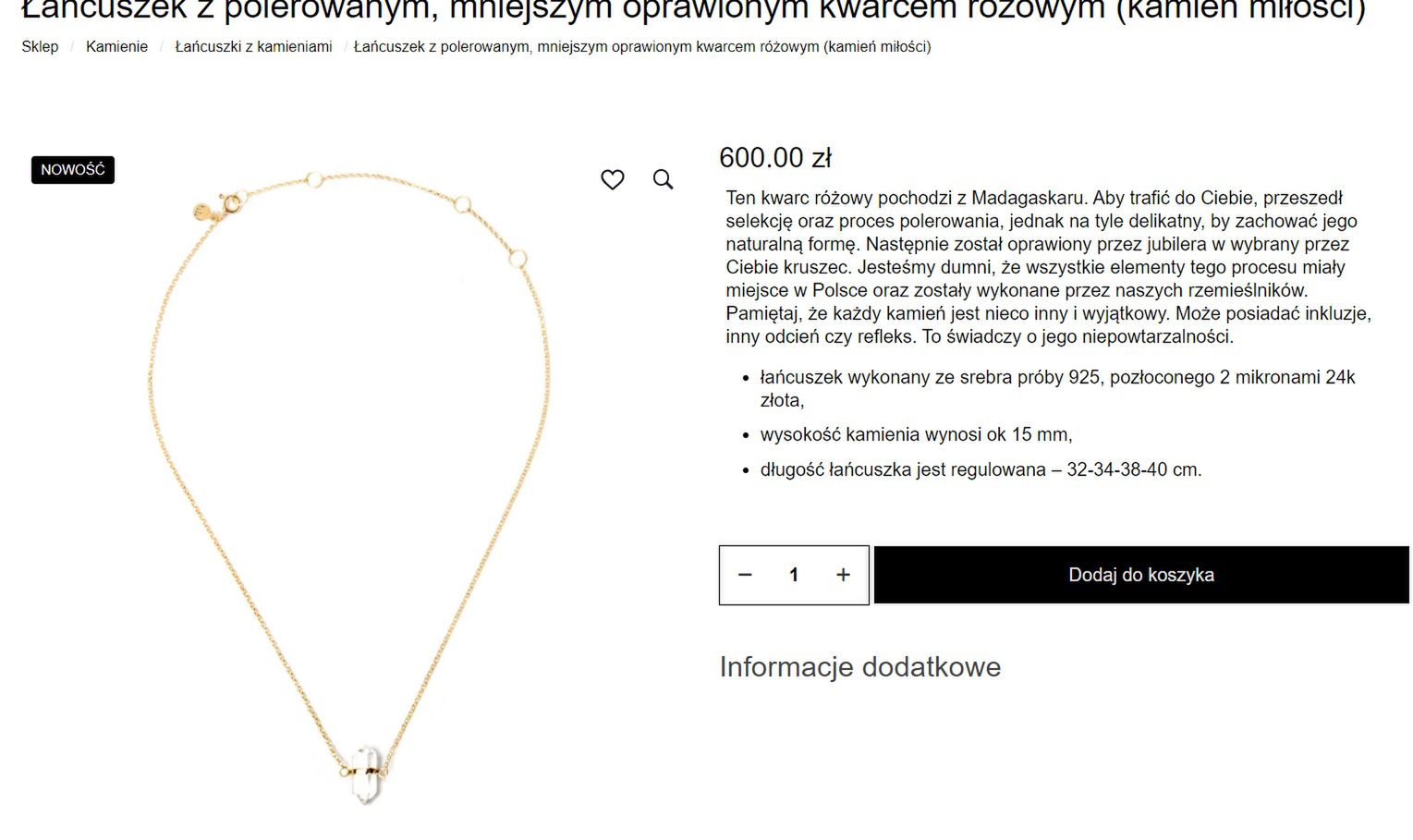 Łańcuszek z różowym kwarcem od Zozo Design