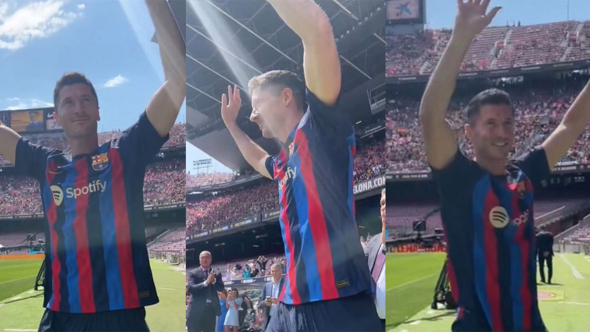 Robert Lewandowski podczas oficjalnej przentacji na Camp Nou. Teraz już nie ma wątpliwości z jakim numerem zagra