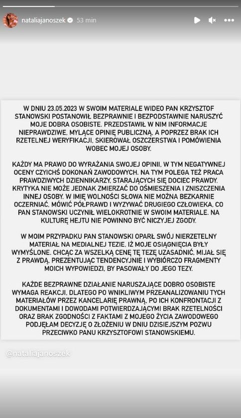 Natalia Janoszek wydała oświadczenie