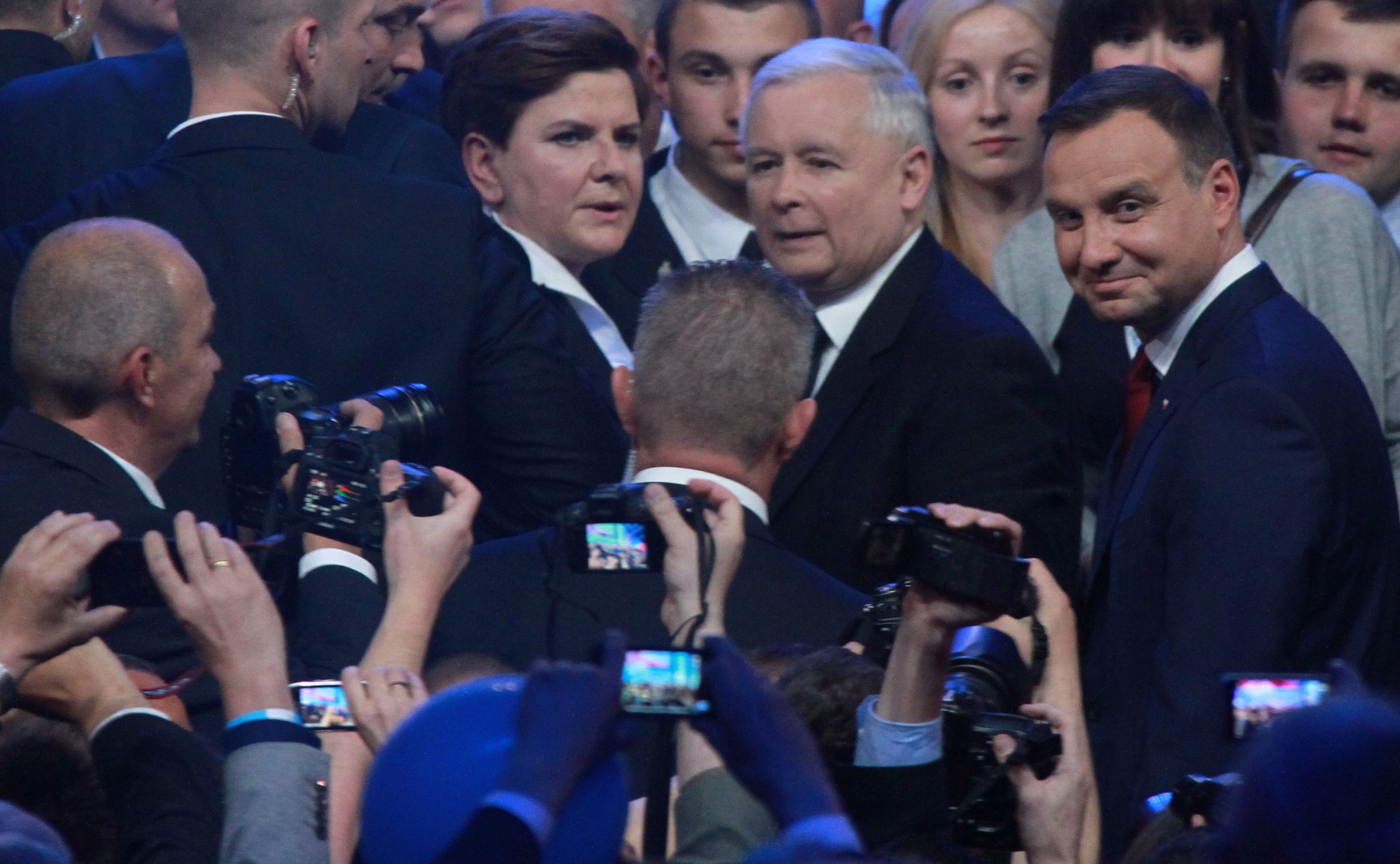 Beata Szydło, Jarosław Kaczyński i prezydent Andrzej Duda podczas konwencji Prawa i Sprawiedliwości 20 czerwca 2015 roku.