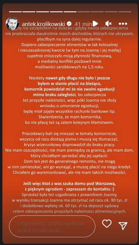 Oświadczenie Antoniego Królikowskiego w sprawie alimentów