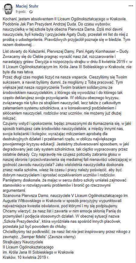 Agata Duda dostała otwarty list od nauczycieli