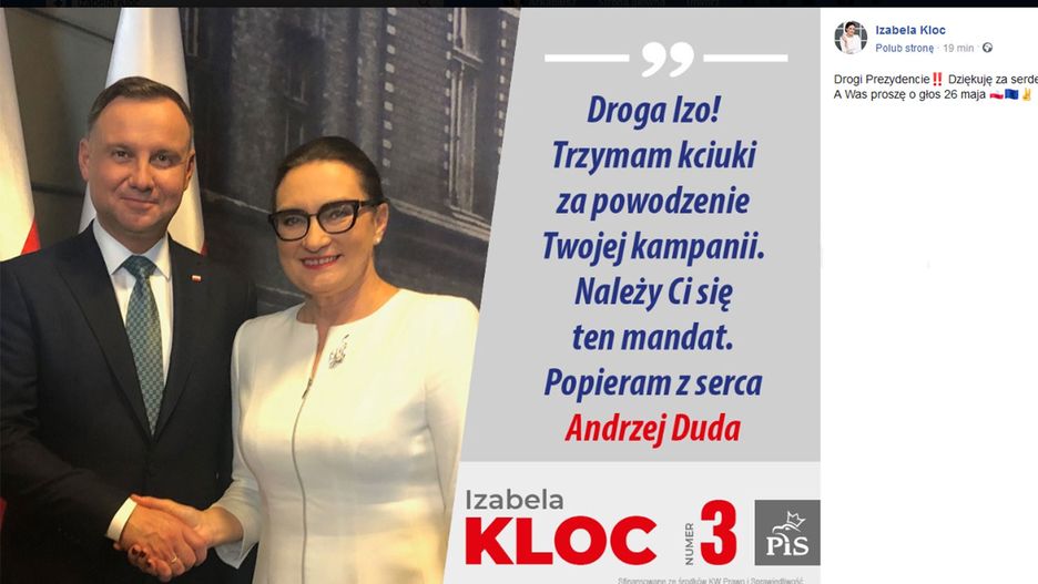 Zdjęcie prezydenta Andrzeja Dudy i posłanki PiS Izabeli Kloc w materiale KW PiS