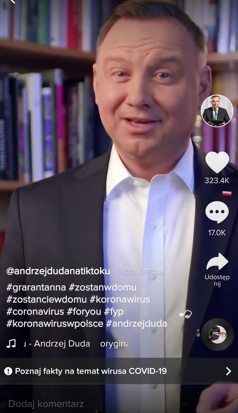 Andrzej Duda na swoim pierwszym nagraniu na TikToku. 