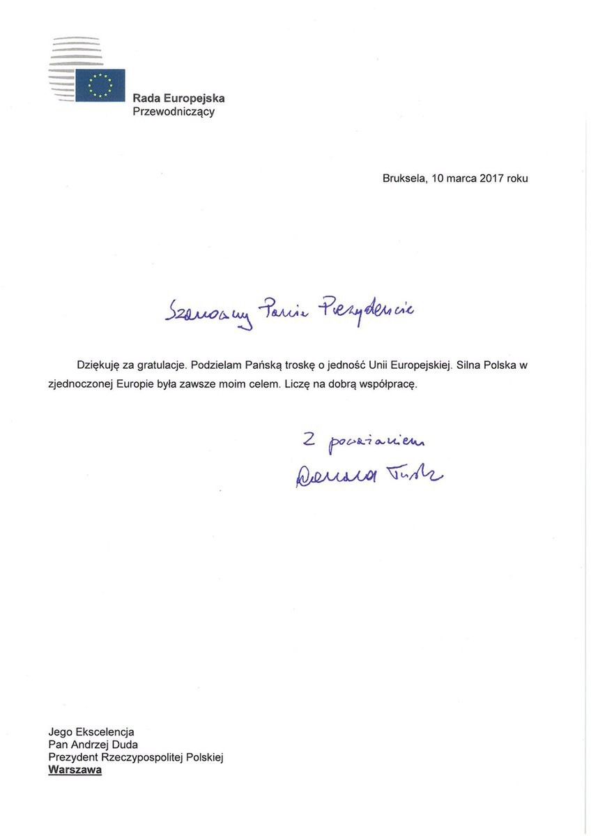 Odpowiedź Donalda Tuska na gratulacje Andrzeja Dudy