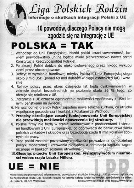 Ulotka LPR sprzed wejścia do UE 