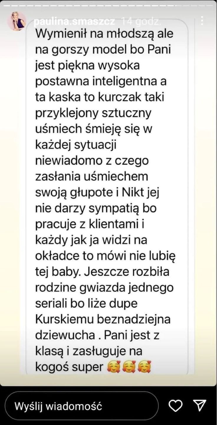 Paulina Smaszcz udostępniła obraźliwy wpis o Kasi Cichopek