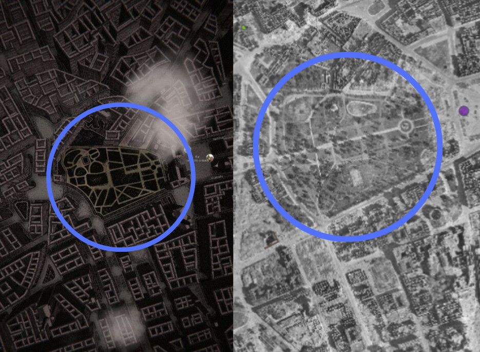 Ogród Saski – z lewej strony wersji gry WARSAW, z prawej strony zdjęcie lotnicze z 1945 (warszawa1939.pl) 